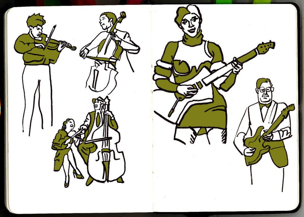Sketches of musicians playing the guitar, fiddle and cello.